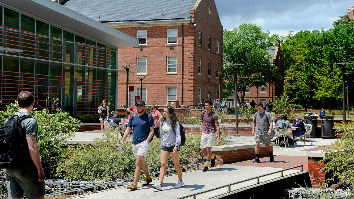 Students walk outside of the student union