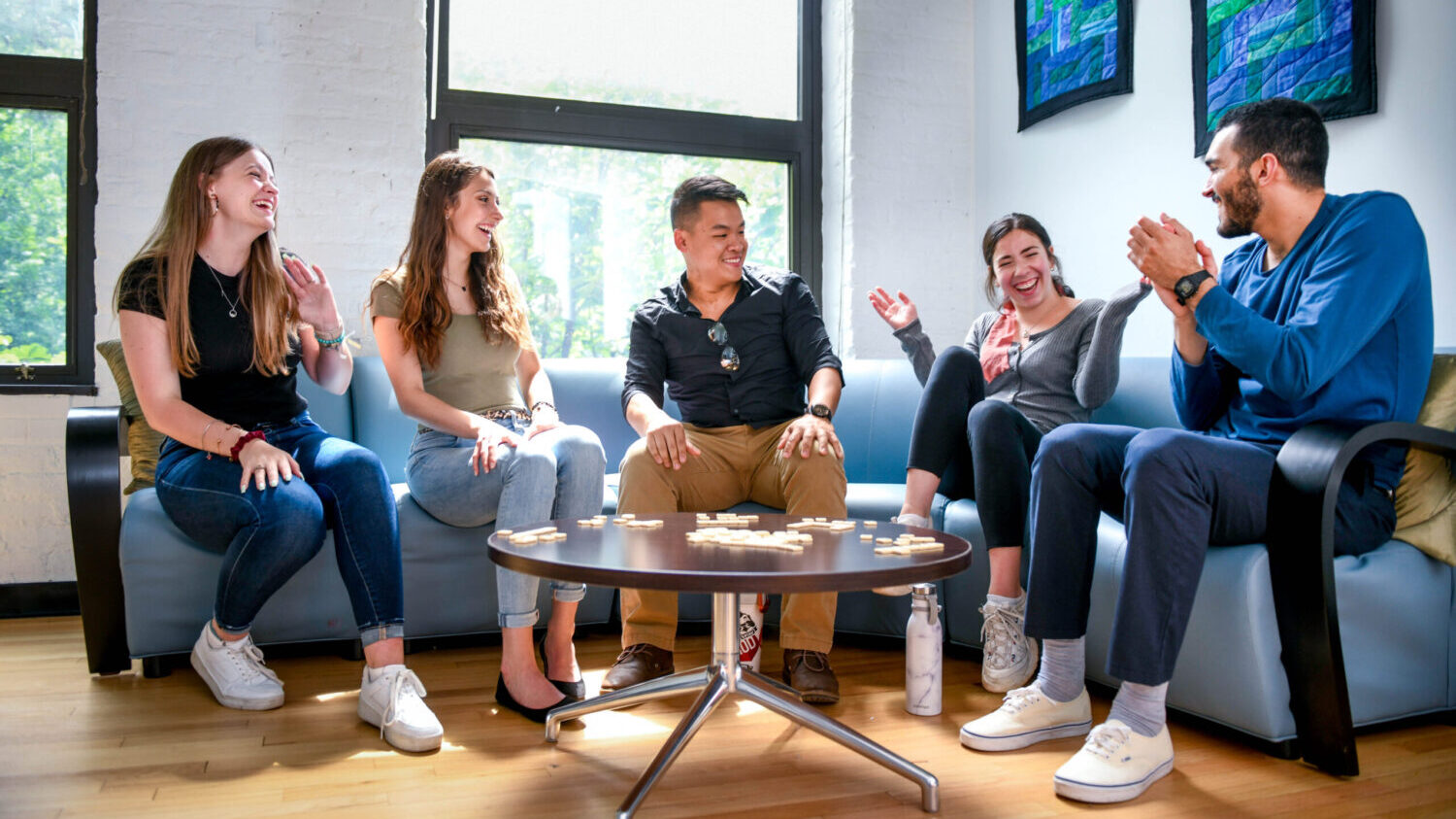 Students sit in a lounge